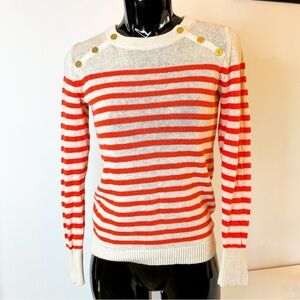 JCREW Linen & Cotton Blend Red & Cream Striped Long Sleeved Top With Gold Button